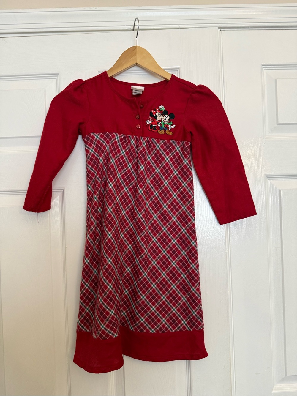 Disney Red Plaid Long-Sleeve Girls Dress with Minnie Embroidery